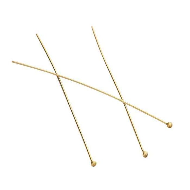 Three gold-plated ball head pins for jewelry making on a white background.